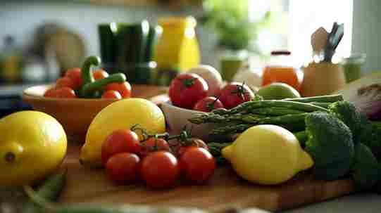 Купа със свежи и цветни продукти на маса